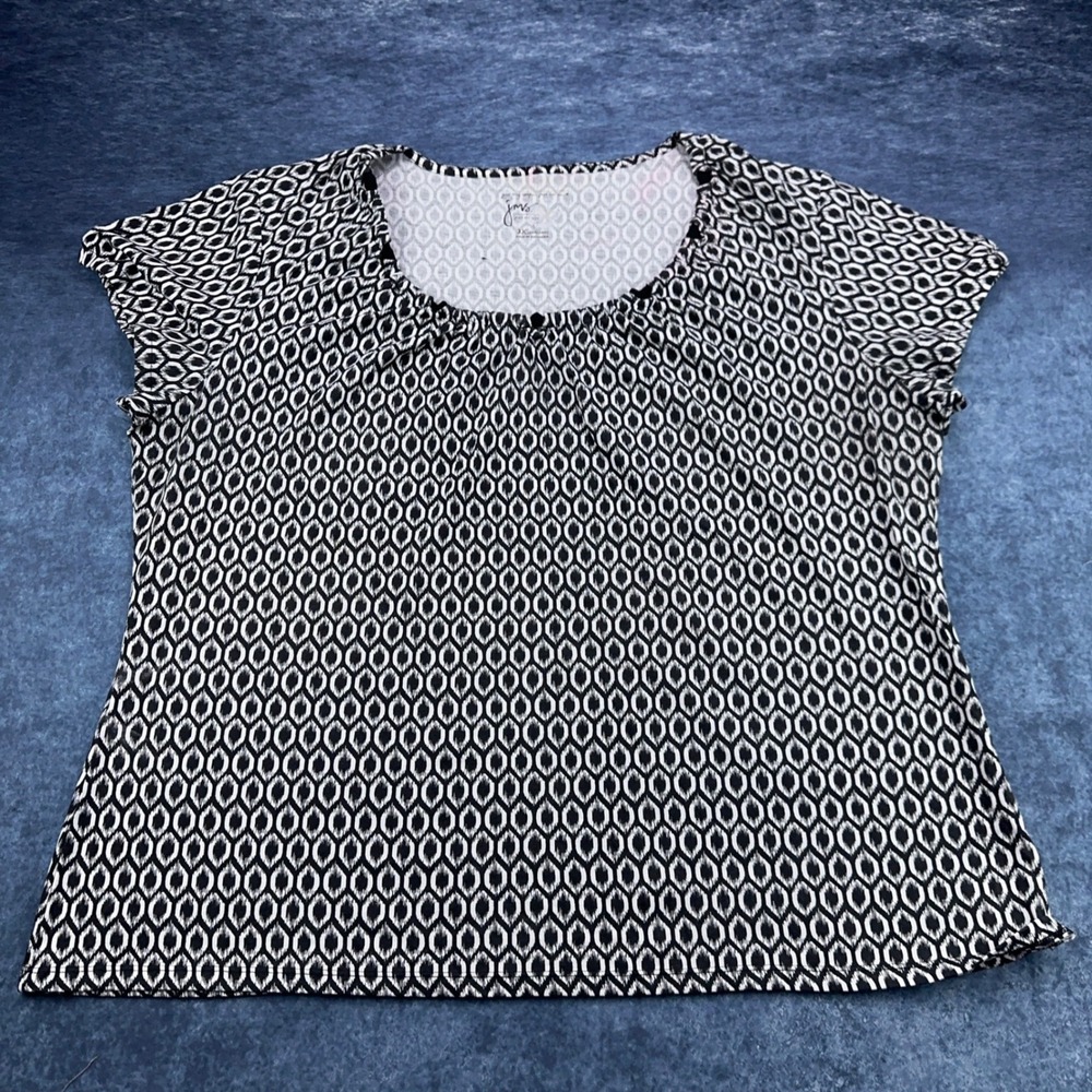 Just My Size JMS Women 3X Black White Geometric Ikat Cap Sleeve Pleated Blouse
